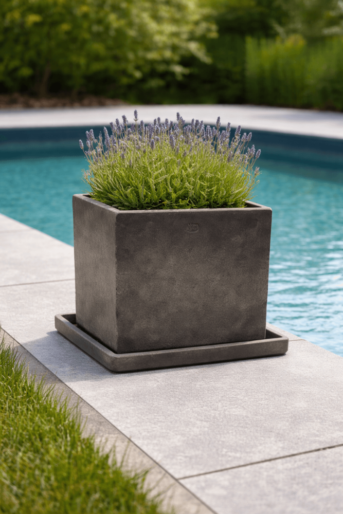 Sous-coupe carrée grise en terre cuite d’Impruneta – accessoire de jardin